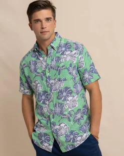 Southern Tide Beach Blooms Linen Rayon Short Sleeve Sport Shirt Lawn Green Best