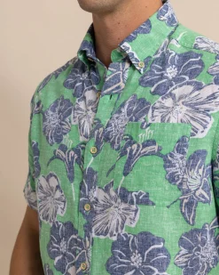 Southern Tide Beach Blooms Linen Rayon Short Sleeve Sport Shirt Lawn Green Best