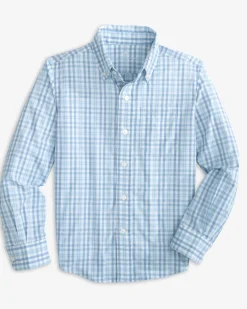 Southern Tide Boys Haywood Plaid Intercoastal Long Sleeve Sport Shirt Dream Blue Outlet