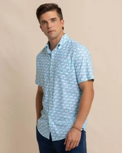 Southern Tide Brrr° Intercoastal Heather Stay Shady Short Sleeve Sport Shirt Heather Wake Blue Fashion