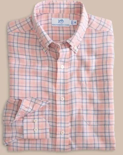 Southern Tide Headland Conestee Plaid Long Sleeve Sport Shirt Apricot Blush Coral Fashion