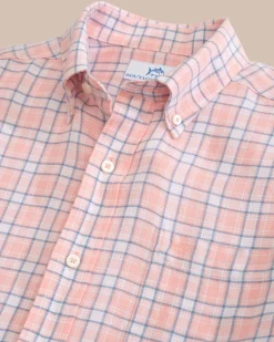 Southern Tide Headland Conestee Plaid Long Sleeve Sport Shirt Apricot Blush Coral Fashion