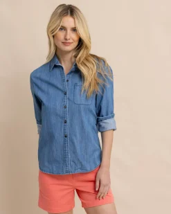 Southern Tide Katherine Denim Shirt Medium Wash Indigo Flash Sale