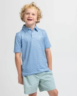 Southern Tide Kids Driver Casual Water Printed Polo Coronet Blue Flash Sale