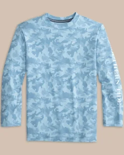 Southern Tide Kids Island Camo Long Sleeve Performance T-Shirt Clearwater Blue Discount