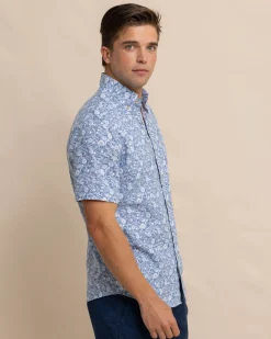 Southern Tide Linen Rayon Caps Off Short Sleeve Sport Shirt Coronet Blue Discount