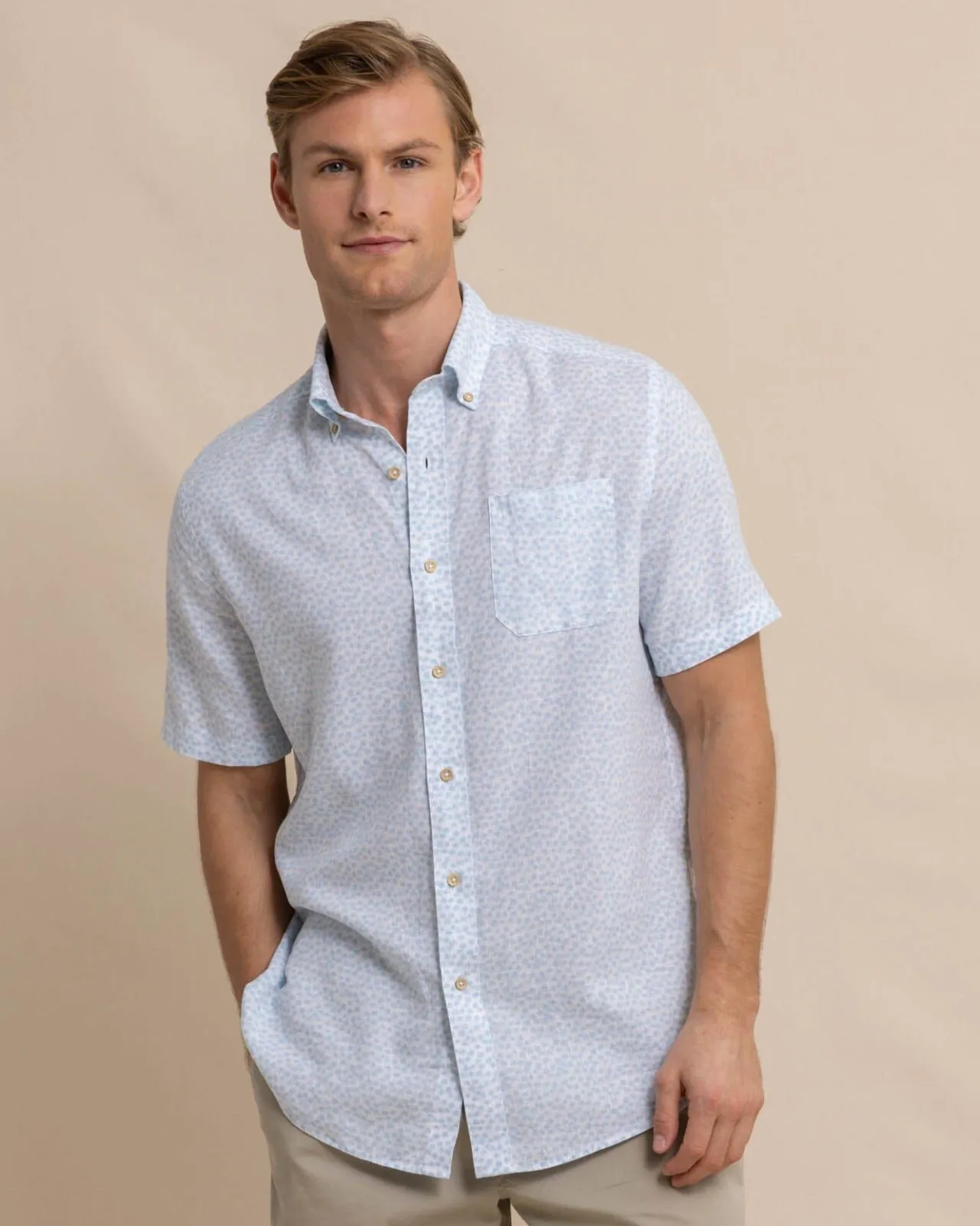 Southern Tide Linen Rayon Palm And Breezy Short Sleeve Sport Shirt Clearwater Blue Best Sale