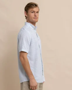 Southern Tide Linen Rayon Palm And Breezy Short Sleeve Sport Shirt Clearwater Blue Best Sale