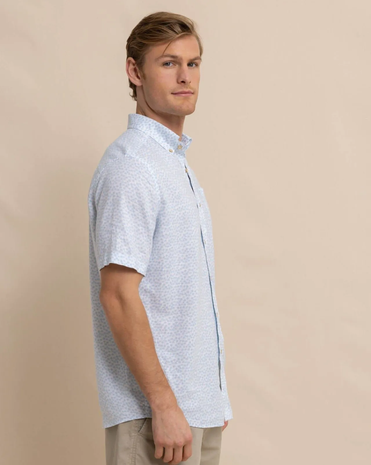 Southern Tide Linen Rayon Palm And Breezy Short Sleeve Sport Shirt Clearwater Blue Best Sale