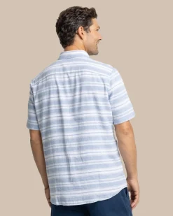 Southern Tide Linen Rayon Timmonsok Stripe Short Sleeve Sport Shirt Coronet Blue Outlet