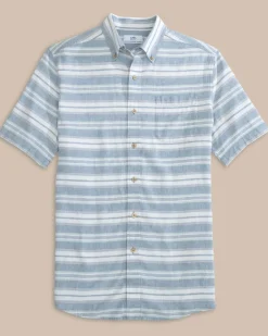 Southern Tide Linen Rayon Timmonsok Stripe Short Sleeve Sport Shirt Coronet Blue Outlet