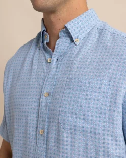 Southern Tide Linen Rayon White Lotus Short Sleeve Sport Shirt Clearwater Blue Best Sale
