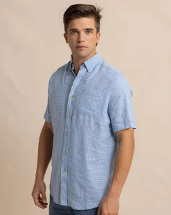 Southern Tide Linen Rayon White Lotus Short Sleeve Sport Shirt Clearwater Blue Best Sale