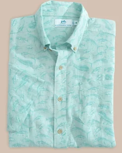 Southern Tide Linen Rayon You'Ve Been Schooled Short Sleeve Sport Shirt Wake Blue Best