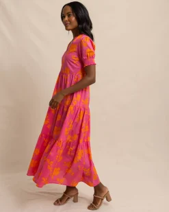 Southern Tide Nadine Tiered Cotton Lawn Maxi Dress Camelia Rose Pink Fashion