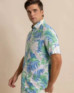 Southern Tide Paradise Palms Linen Rayon Short Sleeve Sport Shirt Classic White Shop