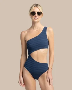 Southern Tide Texture One Shoulder One-Piece Dress Blue Clearance