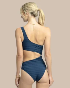 Southern Tide Texture One Shoulder One-Piece Dress Blue Clearance