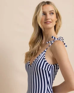 Southern Tide Tie Shoulder One-Piece In Seaside Adventure Stripe Nautical Navy Outlet
